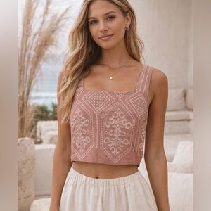 House of linen Pink Embroidered Crop Top size XS boho coastal